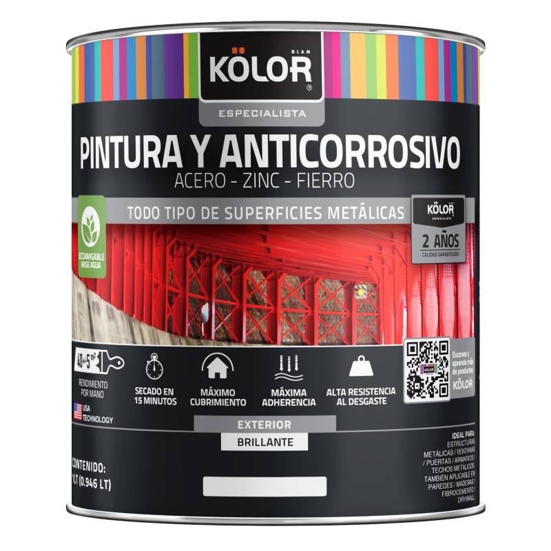 KOLOR - Pintura y anticorrosivo base agua brillante negro 1 litro