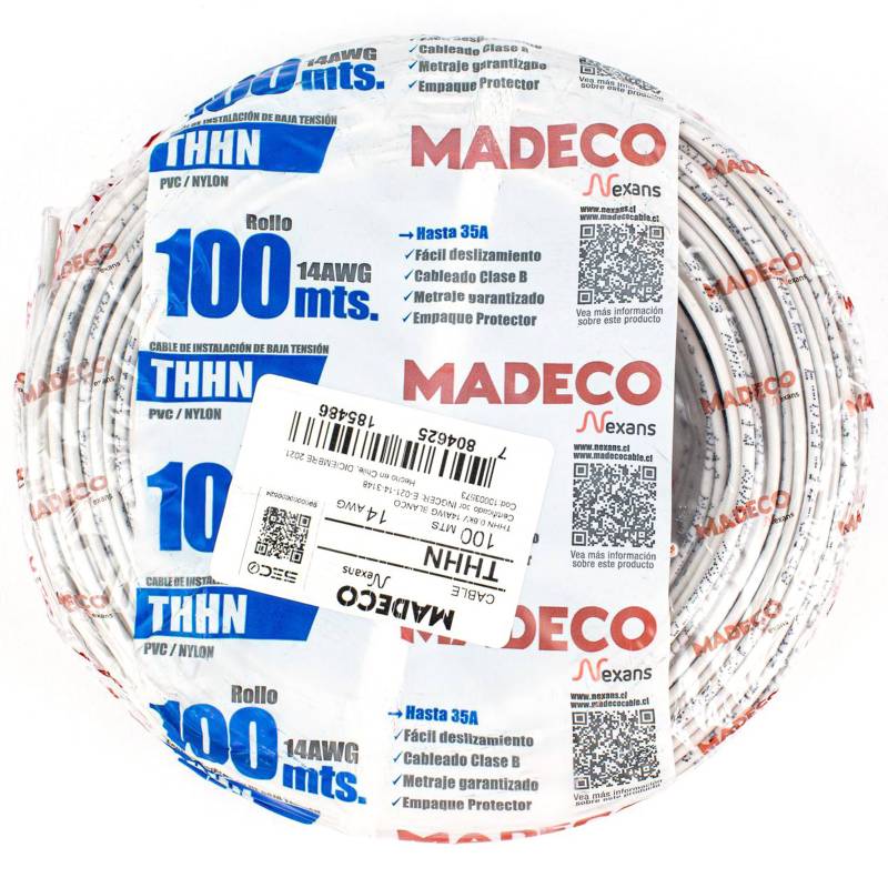 MADECO - Cable eléctrico (Thhn) 14 Awg 100 m Blanco