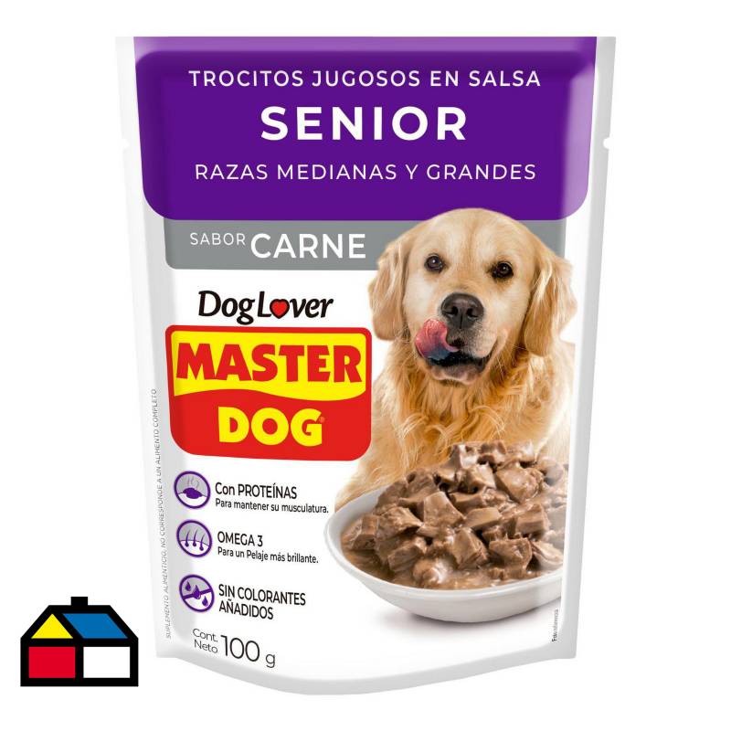 MASTER DOG - Alimento húmedo trocitos jugosos para perros senior, sabor carne 85g