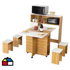 PERFECT SEAT - Juego de comedor + 4 pisos + mueble organizador bambú/blanco