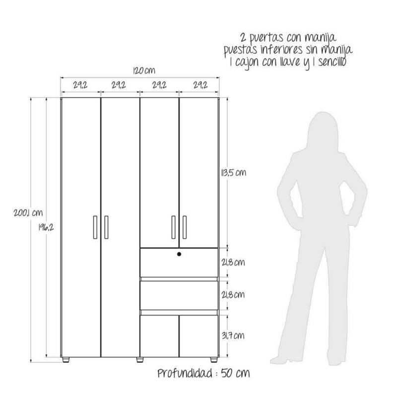 Closet 4 puertas 2 cajones con zapatero 120x50x200 cm