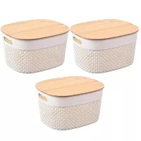 Set 3 cajas plasticas tapa bambu blanco