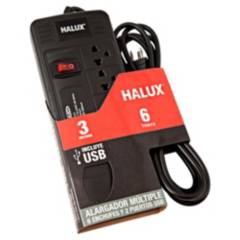 HALUX - Extensión 6 Tomas Universal + Tierra 3 Metros 2 Puertos USB Negro