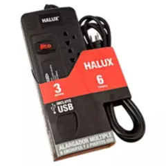 HALUX - Extensión 6 Tomas Universal + Tierra 3 Metros 2 Puertos USB Negro