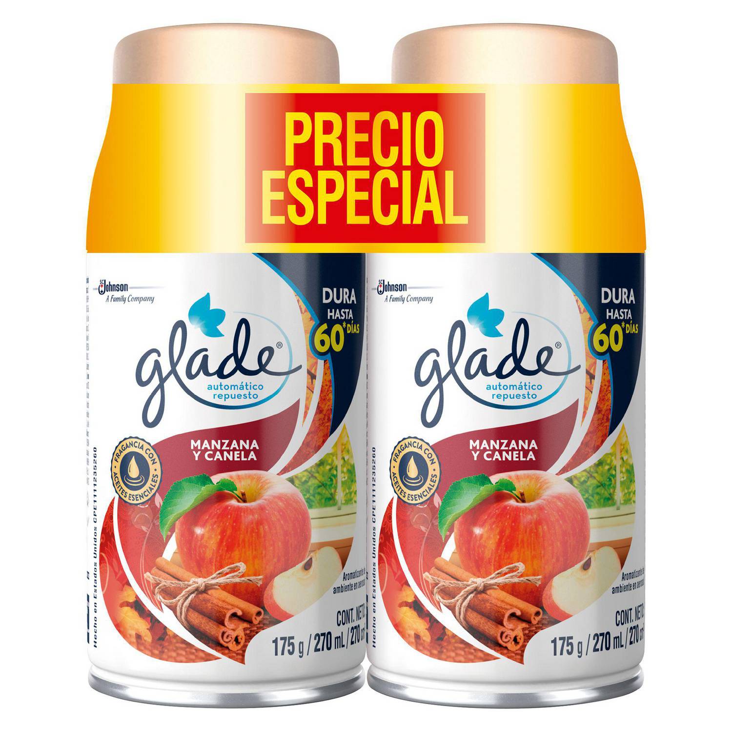 Repuestos de Aromatizante Aerosol Glade Manzana y Canela x 2 unid. x 270  ml.