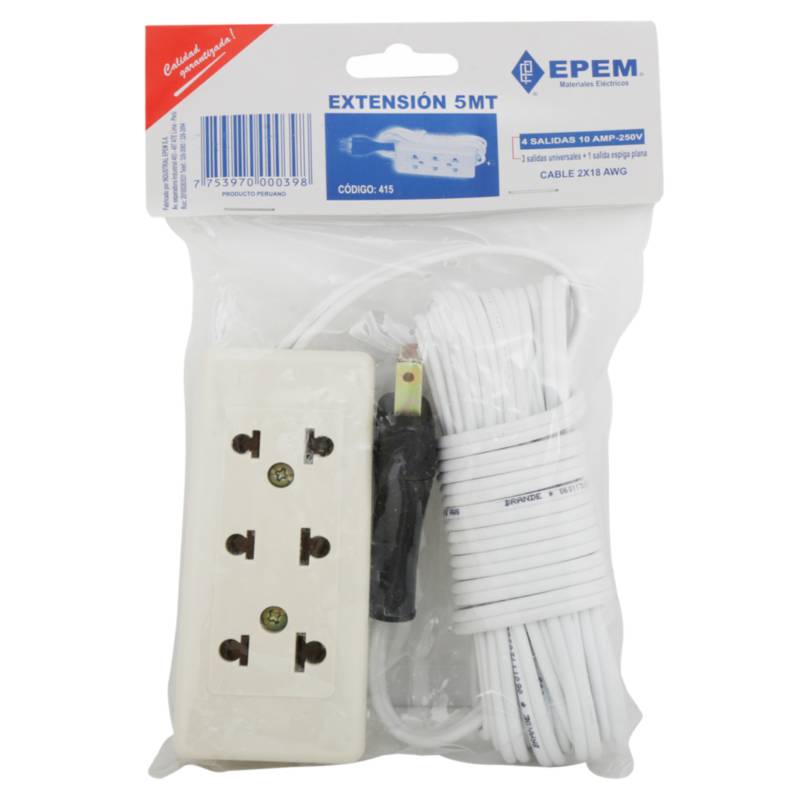 EPEM - Extension 3 tomas universal 5m Blanco