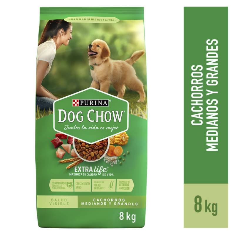 DOG CHOW - Dog Chow Cachorros Raza Mediana y Grande Croquetas para Perros 8 kg Sabor Pollo, maíz, carne, arroz