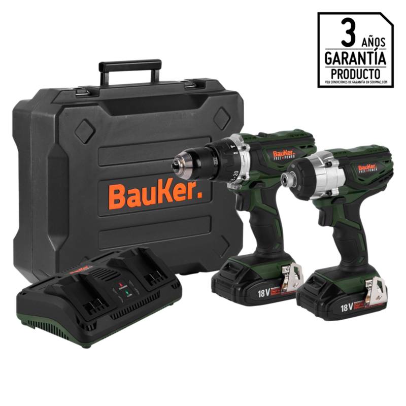 BAUKER - Taladro Percutor 1/2"+ Atornillador de Impacto 1/4" Inalámbrico 18V + 2 baterías + Cargador + Maletín Bauker