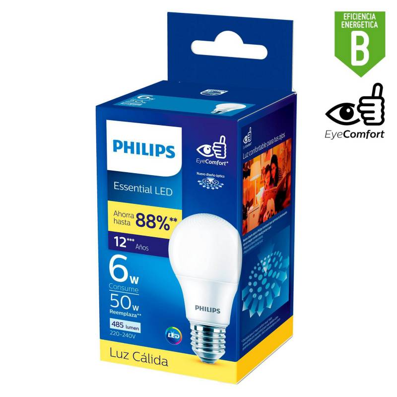 PHILIPS - Foco LED Essential 6w E27 Luz Amarilla 500 lúmenes