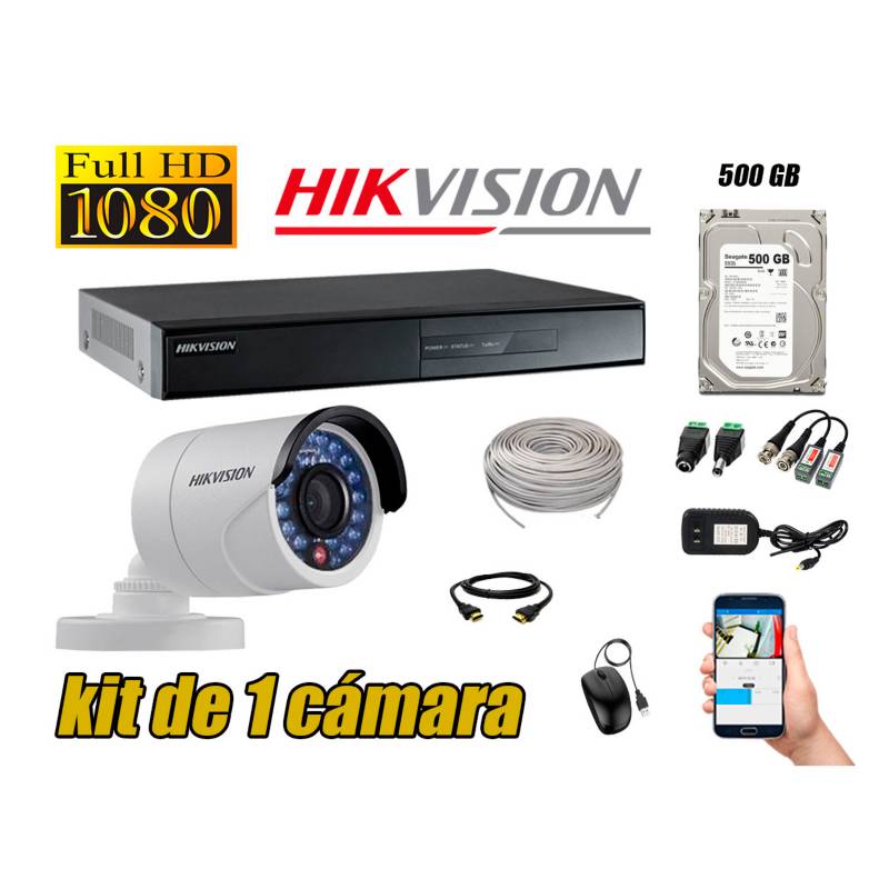 HIKVISION - Kit 1 Cámaras de Seguridad Full HD 720p Disco 500GB Vigilancia + Kit de Herramientas Gratis