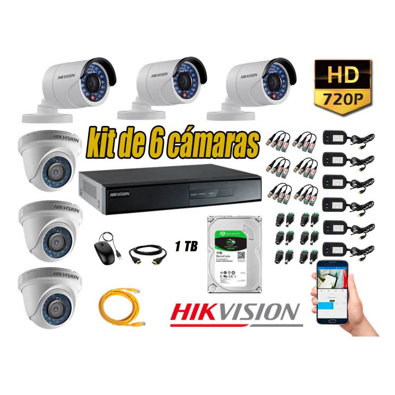 HIKVISION - Kit 6 Cámaras de Seguridad  HD 720p disco 1TB Vigilancia + Kit de Herramientas Gratis