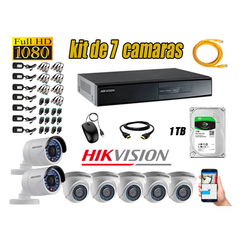 HIKVISION - Kit 7 Cámaras de Seguridad  Full  HD 1080p Disco 1TB Vigilancia + Kit de Herramientas Gratis