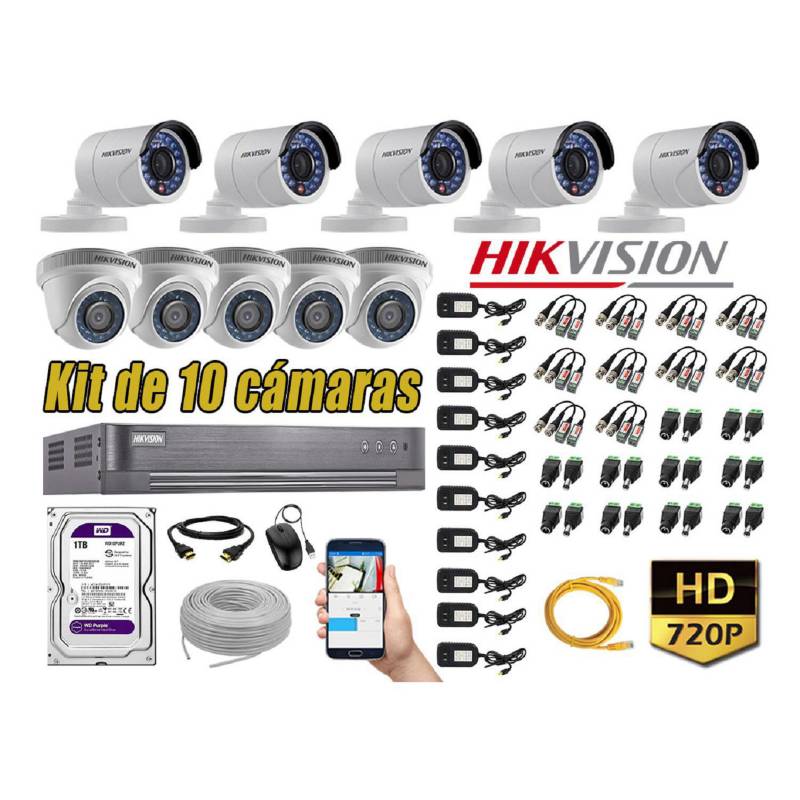 HIKVISION - Kit 10 Cámaras de Seguridad  HD 720p Disco 1TB Vigilancia + Kit de Herramientas Gratis
