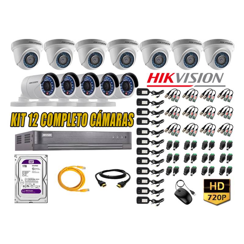 HIKVISION - Kit 12 Cámaras de Seguridad HD 720p Disco 1TB Vigilancia + Kit de Herramientas Gratis