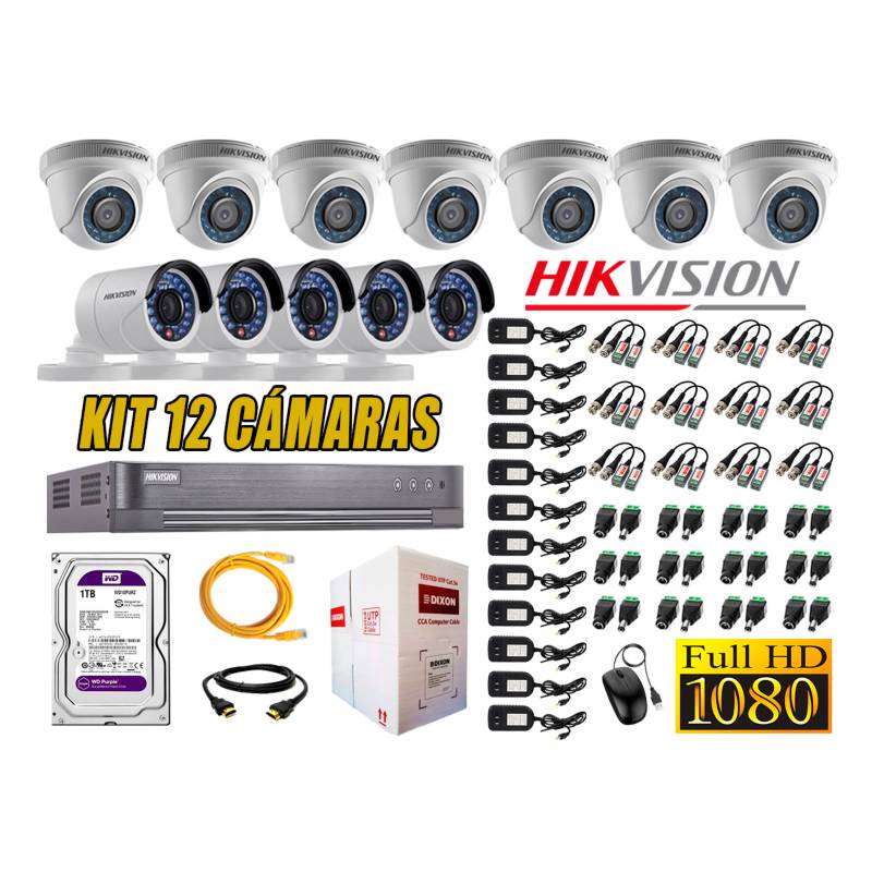 HIKVISION - Kit 12 Cámaras de Seguridad  Full HD 1080p Disco 1TB Vigilancia + Kit de Herramientas Gratis