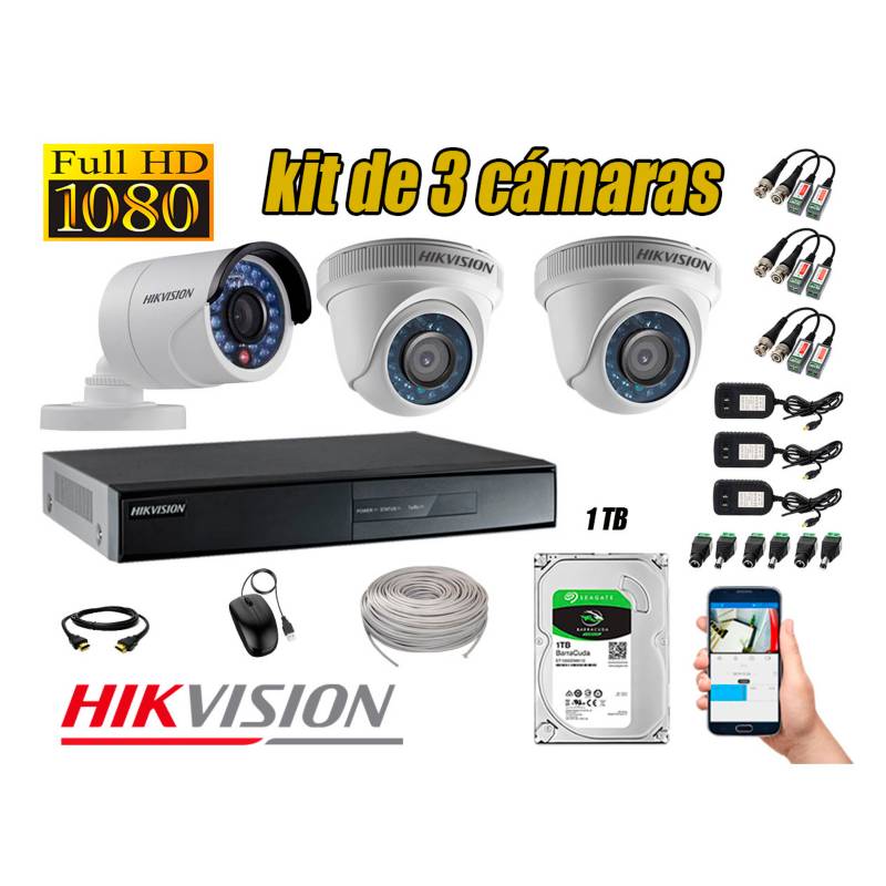 HIKVISION - Kit 3 Cámaras de Seguridad Full HD 1080p Disco 1TB Vigilancia + Kit de Herramientas Gratis