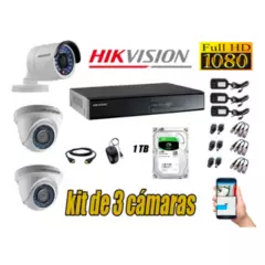 HIKVISION - Kit 3 Cámaras de Seguridad Full HD 1080p 1TB Vigilancia + Kit de Herramientas