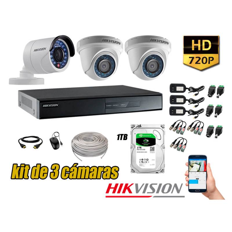 HIKVISION - Kit 3 Cámaras de Seguridad HD 720p Disco 1TB Vigilancia + Kit de Herramientas Gratis