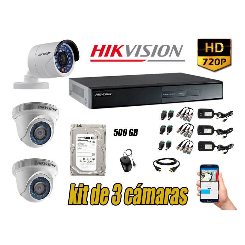 HIKVISION - Kit 3 Cámaras de Seguridad HD 720p Disco 500GB Vigilancia + Kit de Herramientas Gratis