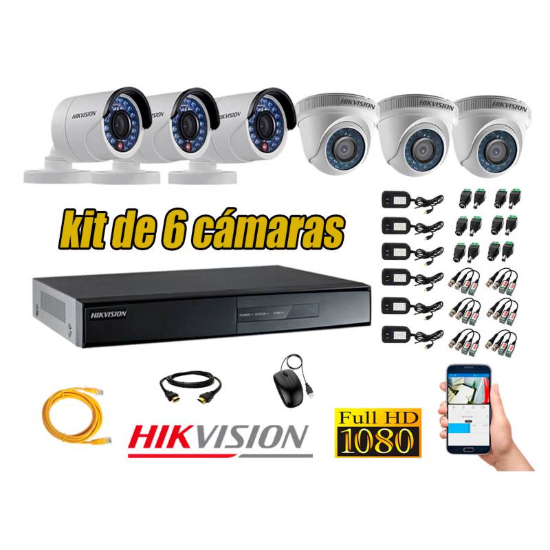 HIKVISION - Kit 6 Cámaras de Seguridad Full HD 1080p P2P Vigilancia + Kit de Herramientas Gratis