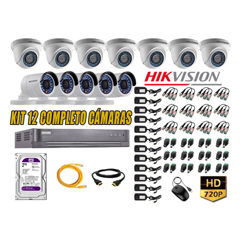 HIKVISION - Kit 12 Cámaras de Seguridad  HD 720p 2TB Vigilancia + Kit de Herramientas Gratis