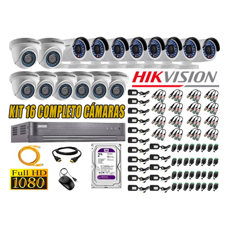 HIKVISION - Kit 16 Cámaras de Seguridad Full HD 1080p Disco 2TB Vigilancia + Kit de Herramientas Gratis