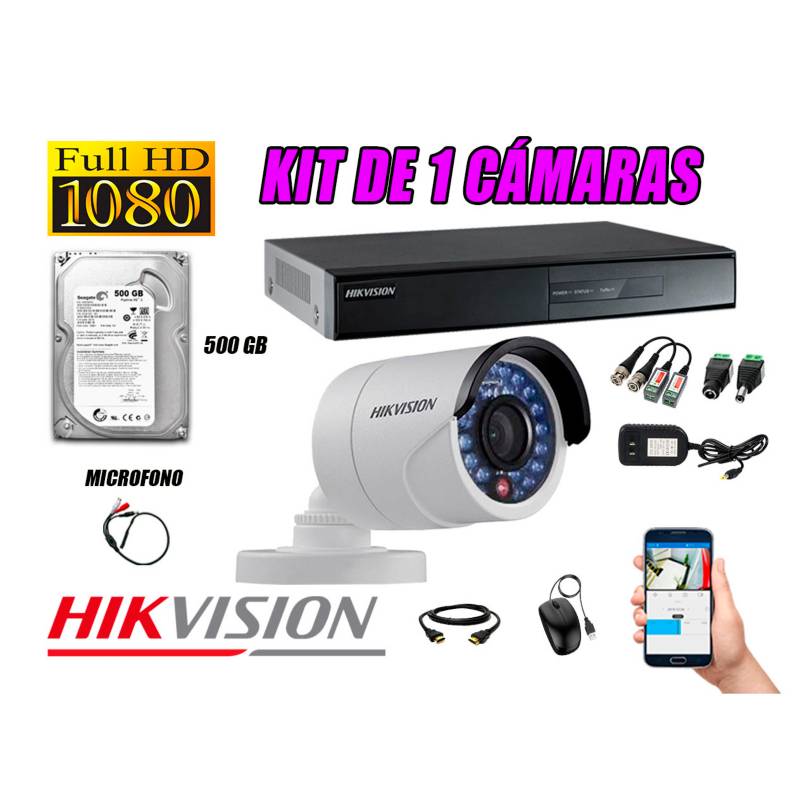 HIKVISION - Kit 1 Cámara de Seguridad Full HD 1080P Disco 500GB Vigilancia + Kit de Micrófono