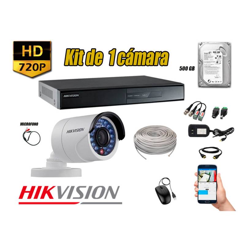 HIKVISION - Kit 1 Cámara de Seguridad HD 720P P2P Disco 500GB Vigilancia + Kit de Micrófono