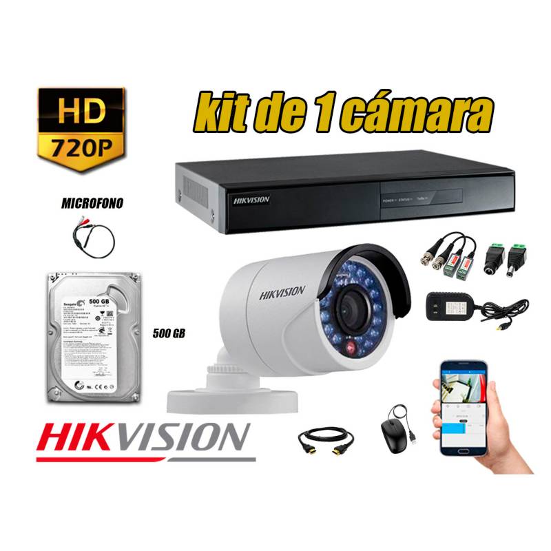 HIKVISION - Kit 1 Cámara de Seguridad HD 720p Disco 500GB Vigilancia + Kit de Micrófono