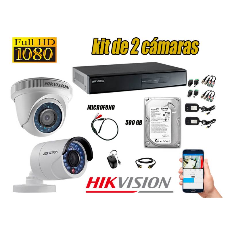 HIKVISION - Kit 2 Cámaras de Seguridad Full HD 1080P Disco 500GB Vigilancia + Kit de Micrófono