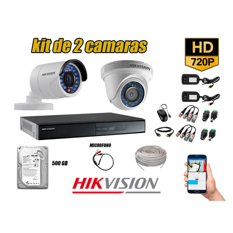 HIKVISION - Kit 2 Cámaras de Seguridad HD 720P 500GB Vigilancia + Kit de Micrófono