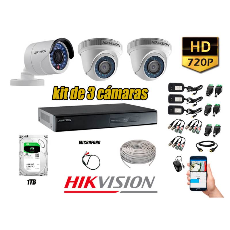 HIKVISION - Kit 3 Cámaras de Seguridad HD 720P Disco 1TB Vigilancia + Kit de Micrófono