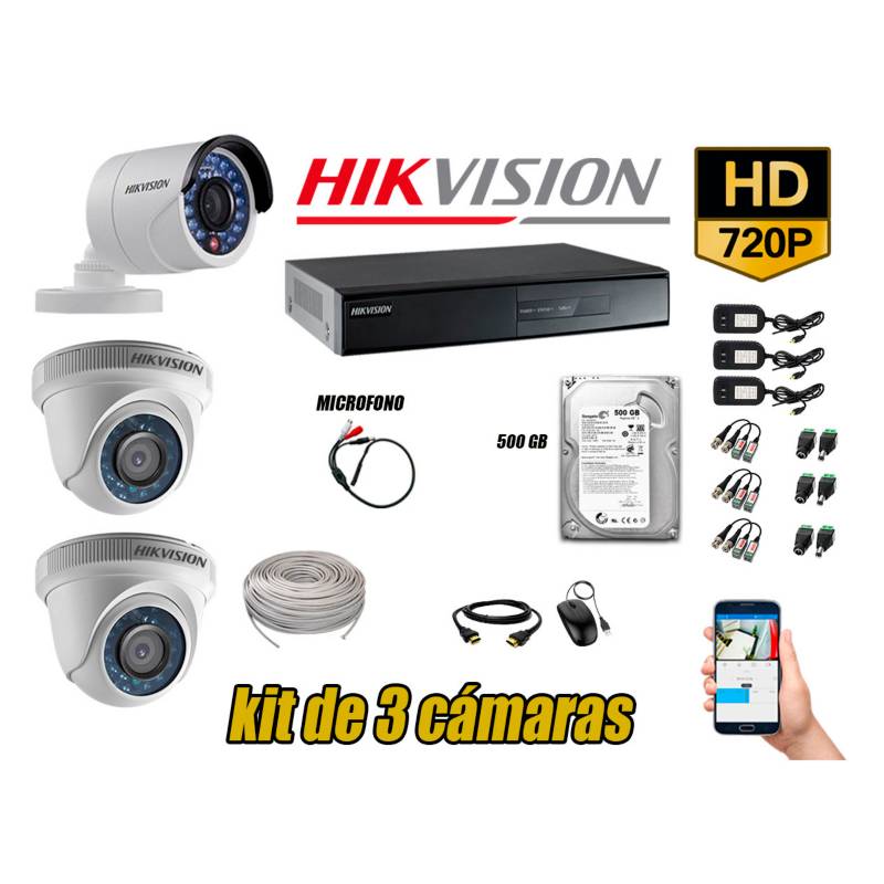 HIKVISION - Kit 3 Cámaras de Seguridad HD 720P Disco 500GB Vigilancia + Kit de Micrófono