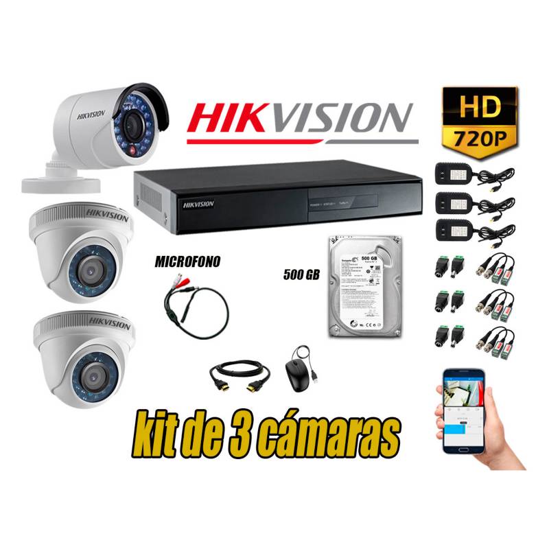 HIKVISION - Kit 3 Cámaras de Seguridad HD 720P 500GB Vigilancia + Kit de Micrófono