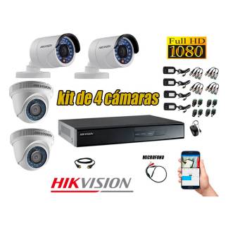 HIKVISION - Kit 4 Cámaras de Seguridad HD 1080p Vigilancia + Kit de Micrófono