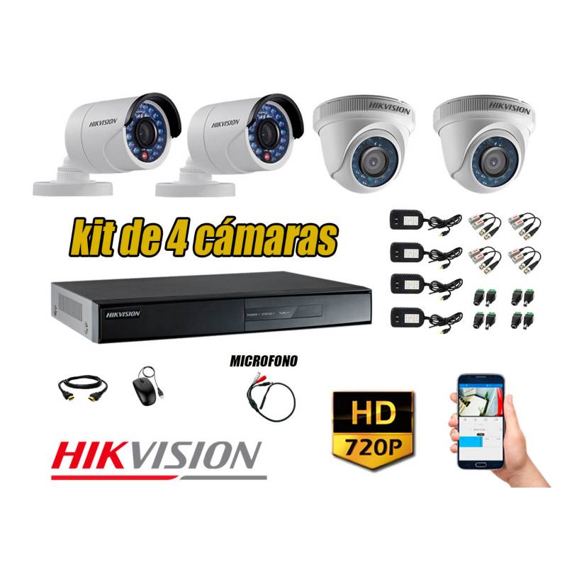 HIKVISION - Kit 4 Cámaras de Seguridad HD 720P P2P Vigilancia + Kit de Micrófono