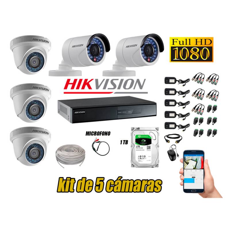 HIKVISION - Kit 5 Cámaras de Seguridad Full HD 1080P 1TB Vigilancia + Kit de Micrófono