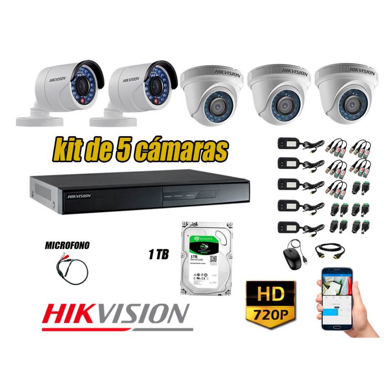 HIKVISION - Kit 5 Cámaras de Seguridad HD 720P 1TB Vigilancia + Kit de Micrófono
