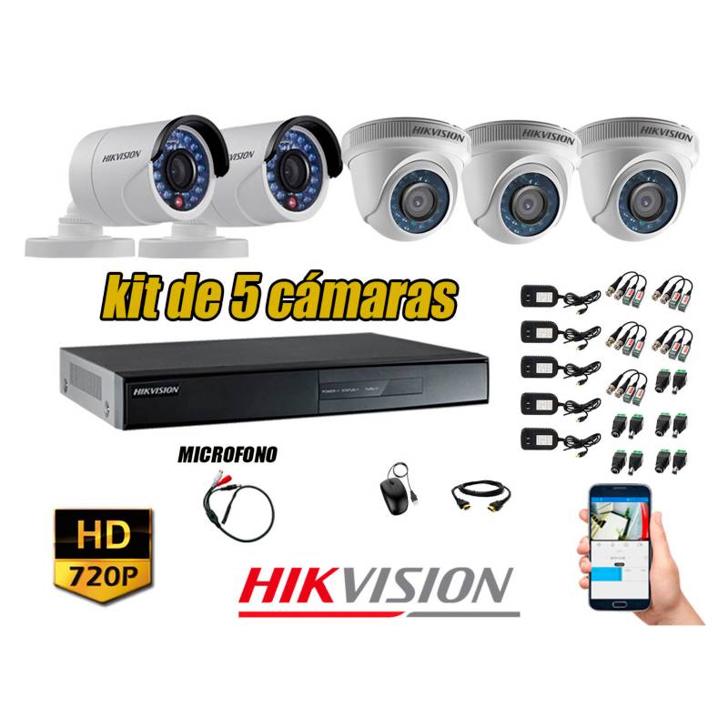HIKVISION - Kit 5 Cámaras de Seguridad HD 720P P2P Vigilancia + Kit de Micrófono