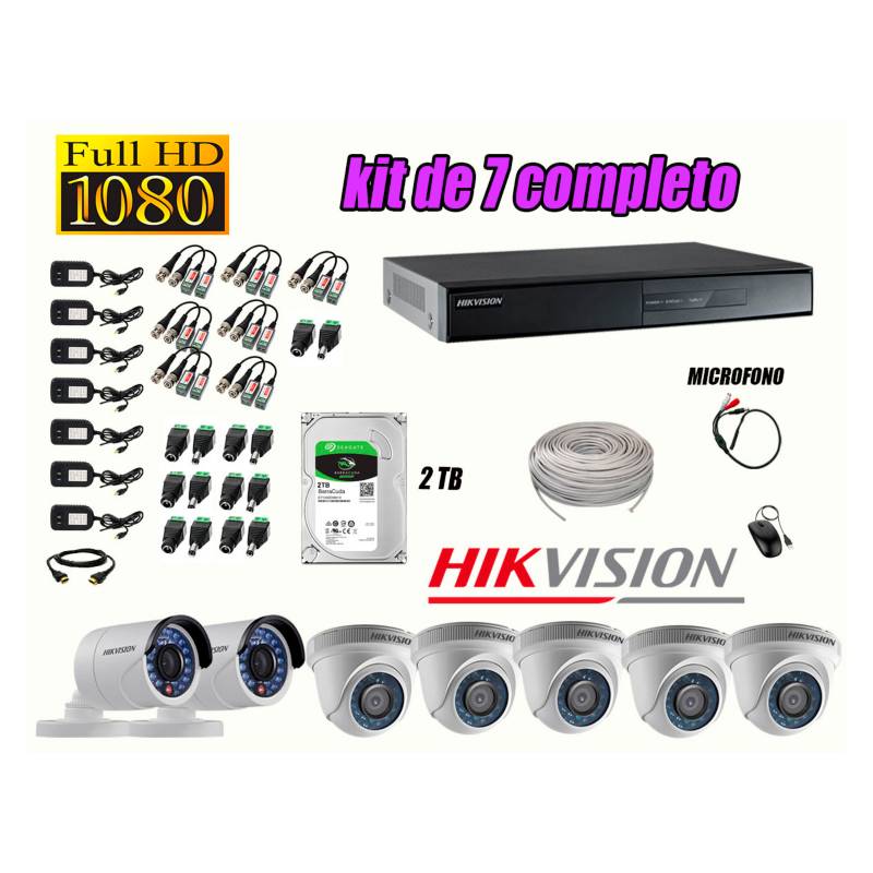 HIKVISION - Kit 7 Cámaras de Seguridad Full HD 1080P Disco 2TB Vigilancia + Kit de Micrófono