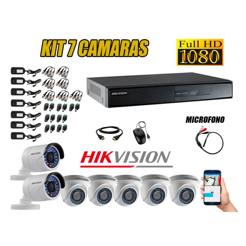 HIKVISION - Kit 7 Cámaras de Seguridad Full HD 1080P P2P Vigilancia + Kit de Micrófono