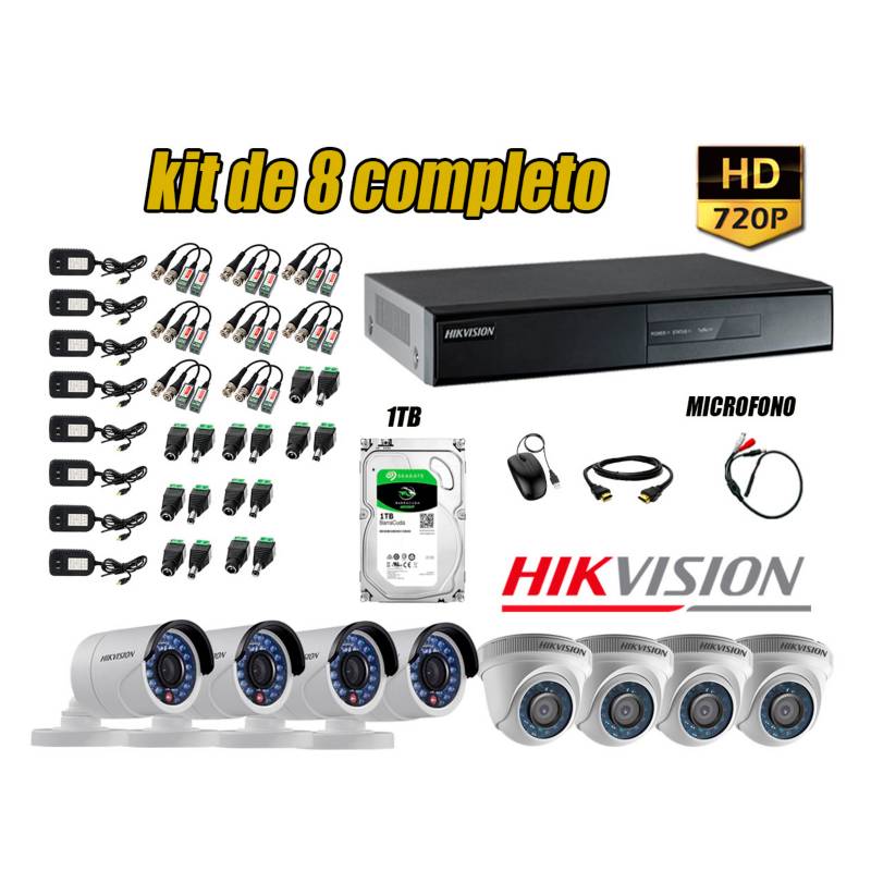 HIKVISION - Kit 8 Cámaras de Seguridad HD 720P Disco 1TB Vigilancia + Kit de Micrófono