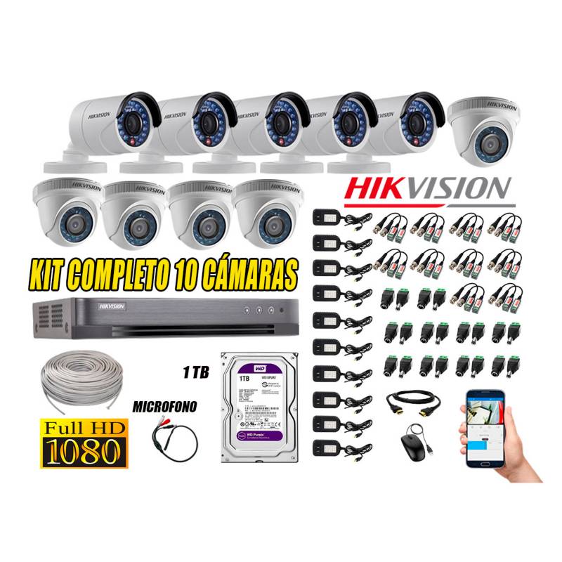 HIKVISION - Kit 10 Cámaras de Seguridad Full HD 1080P Disco 1TB Vigilancia + Kit de Micrófono