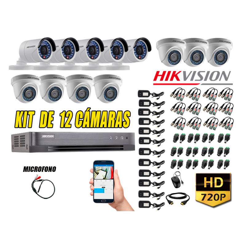HIKVISION - Kit 12 Cámaras de Seguridad HD 720P P2P Vigilancia + Kit de Micrófono
