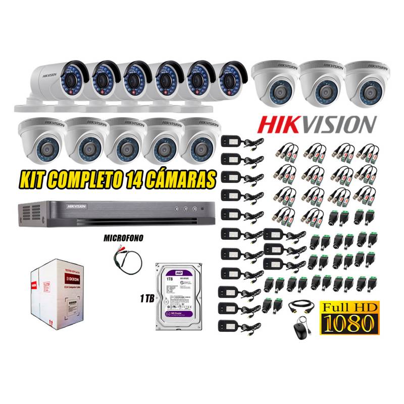 HIKVISION - Kit 14 Cámaras de Seguridad Full HD 1080P Disco 1TB Vigilancia + Kit de Micrófono