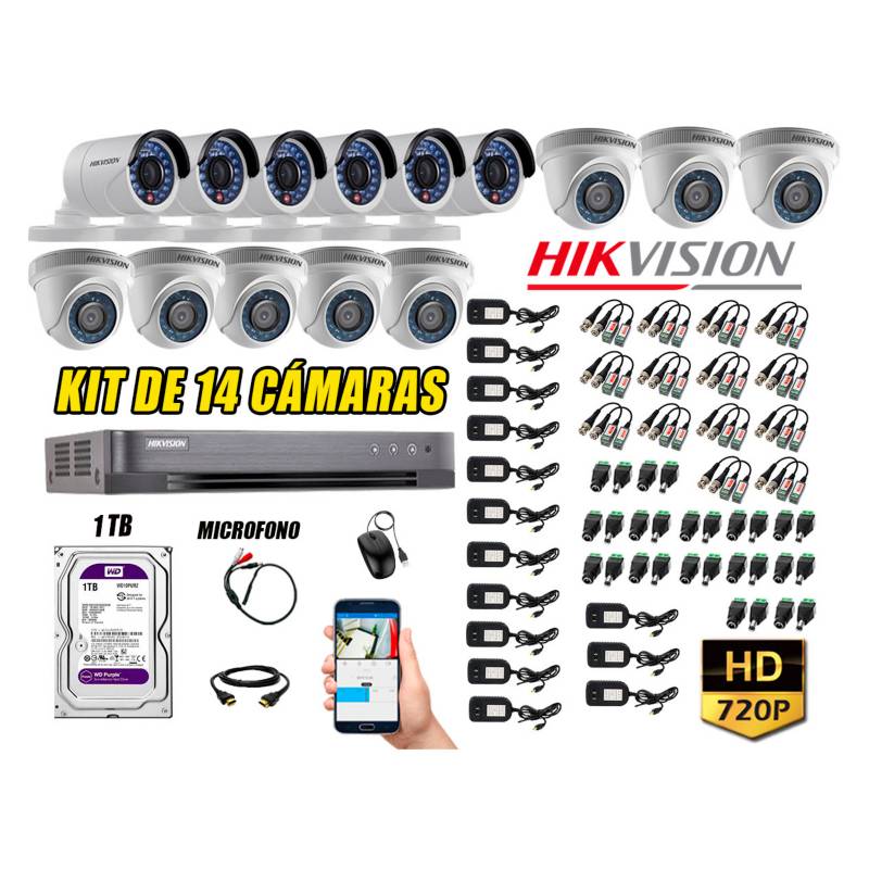HIKVISION - Kit 14 Cámaras de Seguridad HD 720P Disco 1TB Vigilancia + Kit de Micrófono