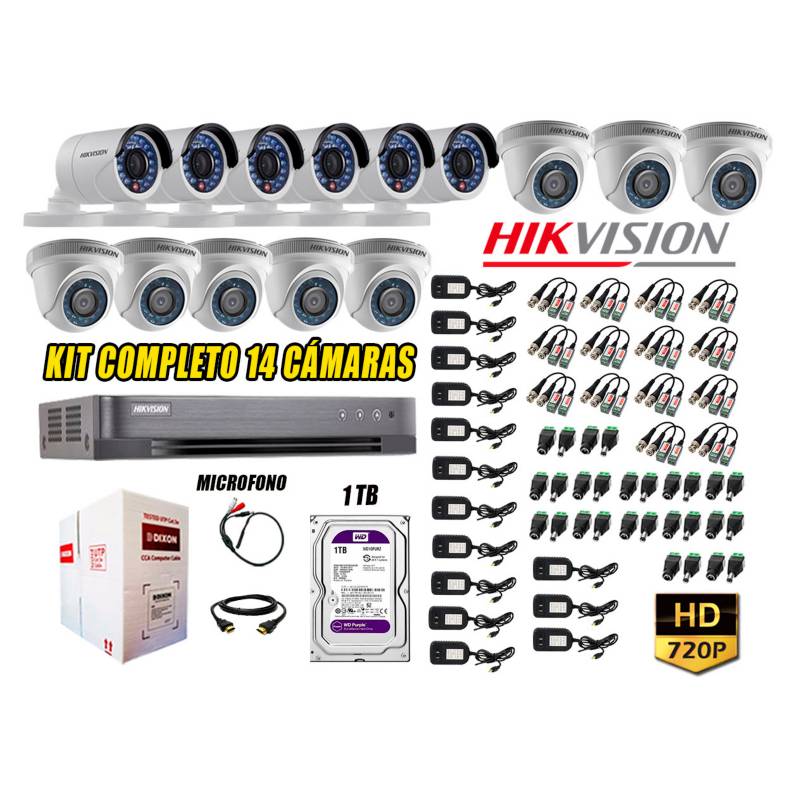 HIKVISION - Kit 14 Cámaras de Seguridad HD 720p Disco 1TB Vigilancia + Kit de Micrófono