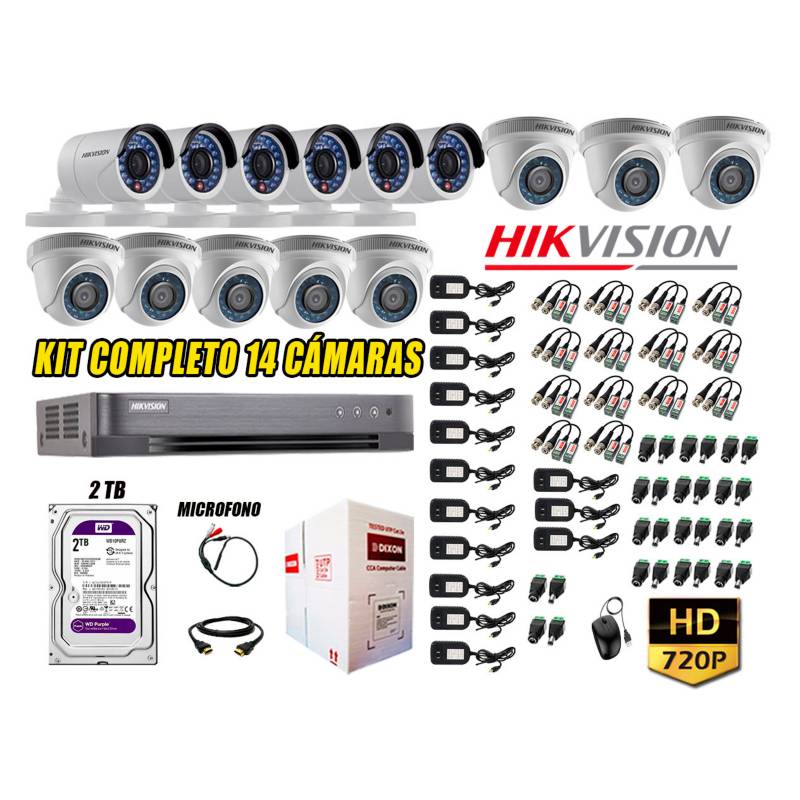 HIKVISION - Kit 14 Cámaras de Seguridad HD 720p Disco 2TB Vigilancia + Kit de Micrófono