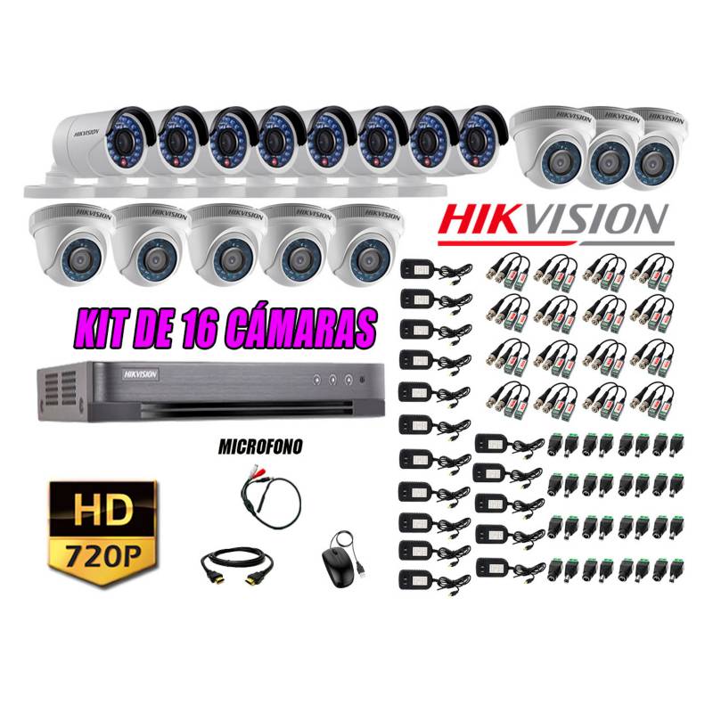 HIKVISION - Kit 16 Cámaras de Seguridad HD 720P P2P Vigilancia + Kit de Micrófono