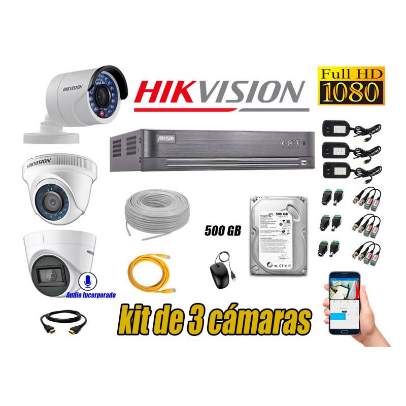 HIKVISION - Kit 3 Cámaras de Seguridad Full HD 1080P 500GB | 01 Cámara con Audio Completo